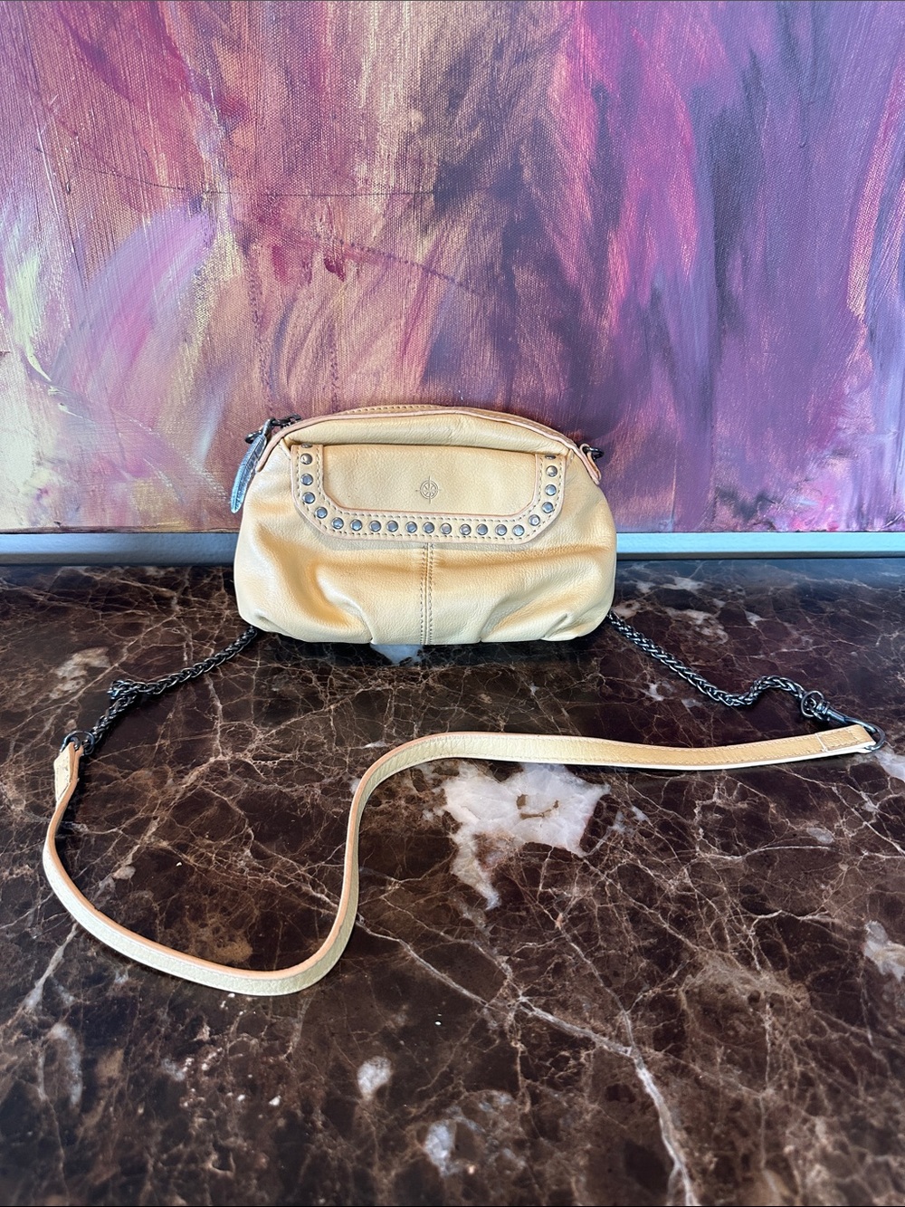 Golden Yellow Old Trend Leather Crossbody with Stud Accents